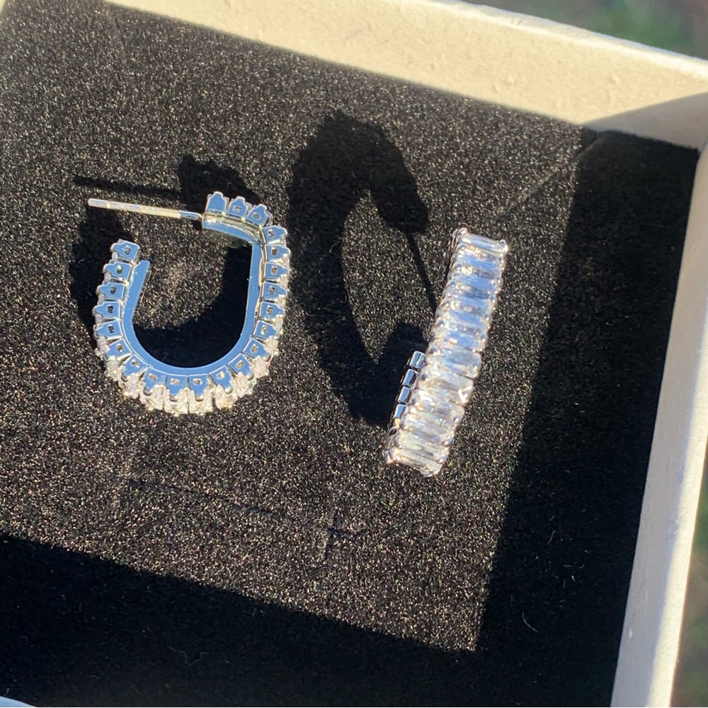 Silver cz earrings, cz hoop earrings, party earrings, silver hoop - Picture 4 of 6